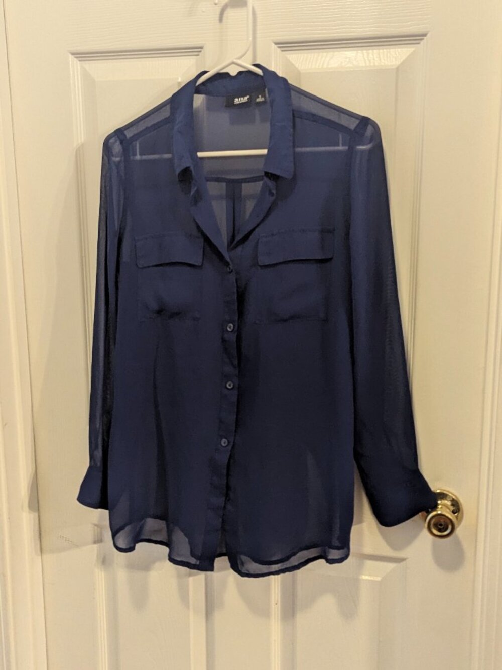 Ana royal blue sheer button down top - s
